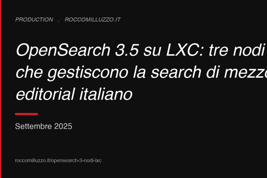 OpenSearch 3.5 su LXC: tre nodi che gestiscono la search di mezzo editorial italiano