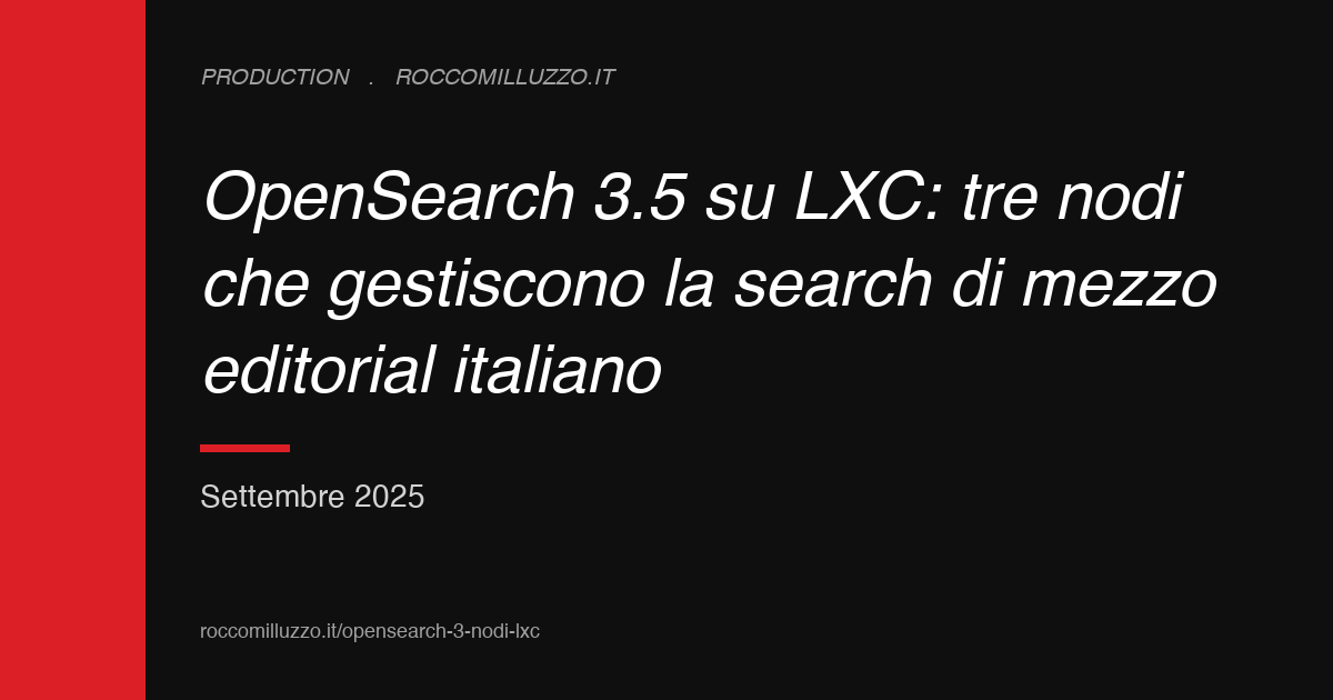 OpenSearch 3.5 su LXC: tre nodi che gestiscono la search di mezzo editorial italiano