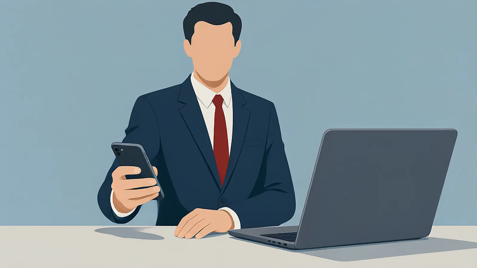 Persona che tiene uno smartphone su una scrivania mentre un laptop chiuso è accanto, illustrando il tema AI e