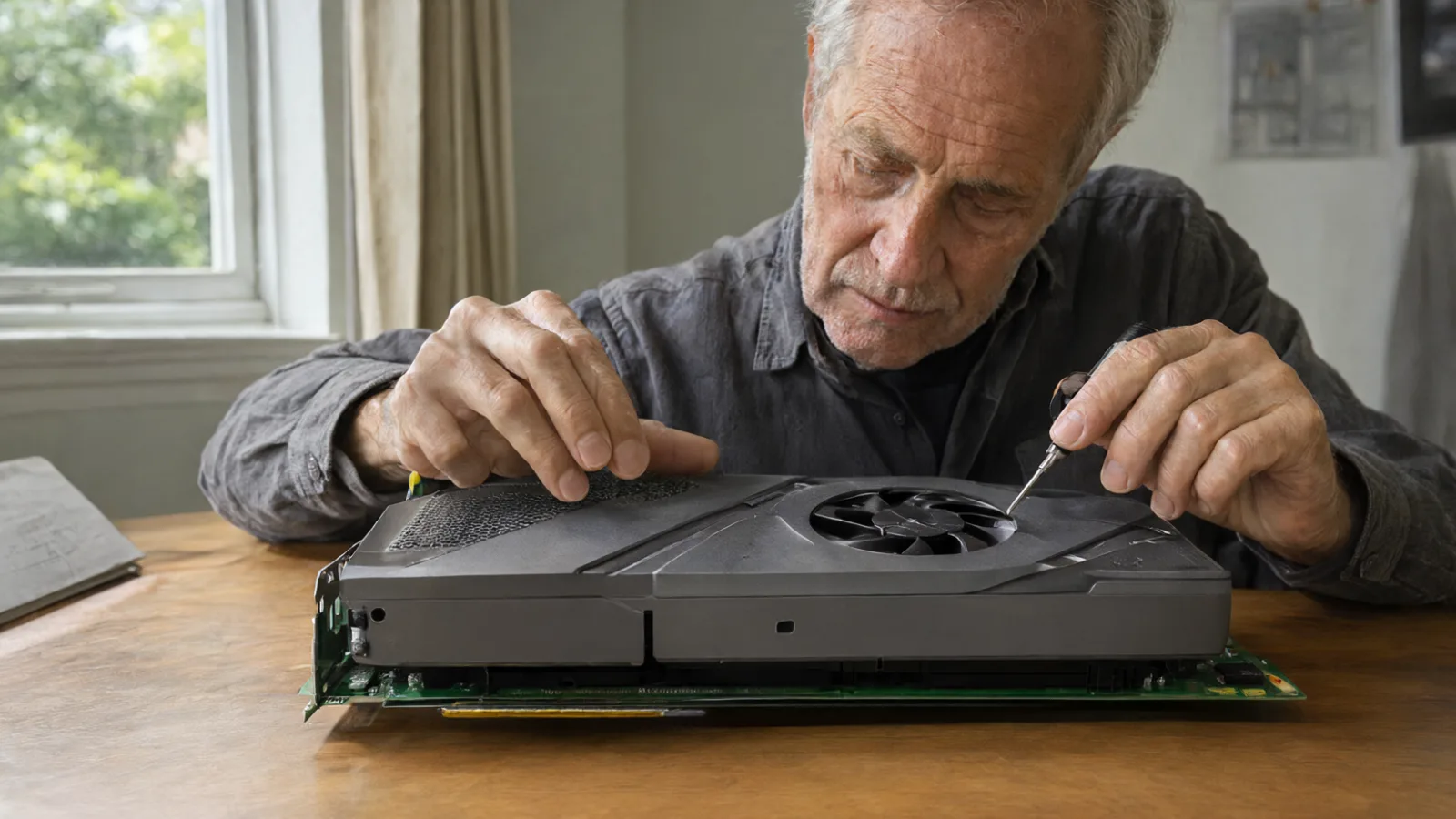 Un ingegnere ispeziona una scheda GPU NVIDIA su una scrivania, illustrando le sfide di manutenzione e portabilità dei kernel