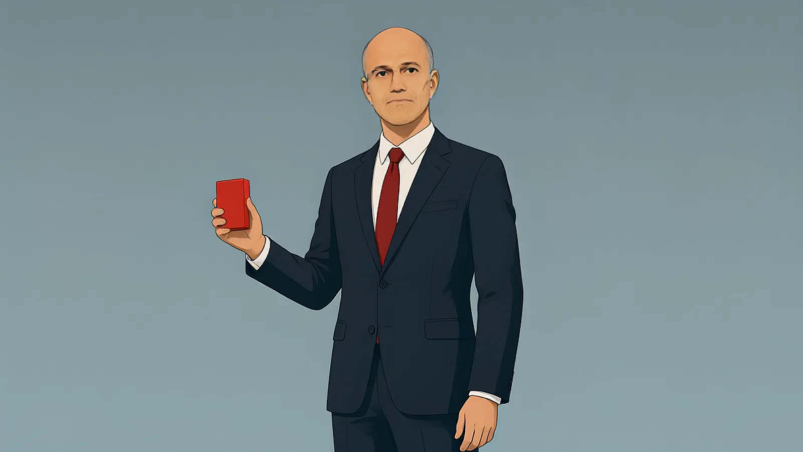 Illustrazione di Satya Nadella che tiene un pulsante di emergenza rosso, tema AI e sicurezza.
