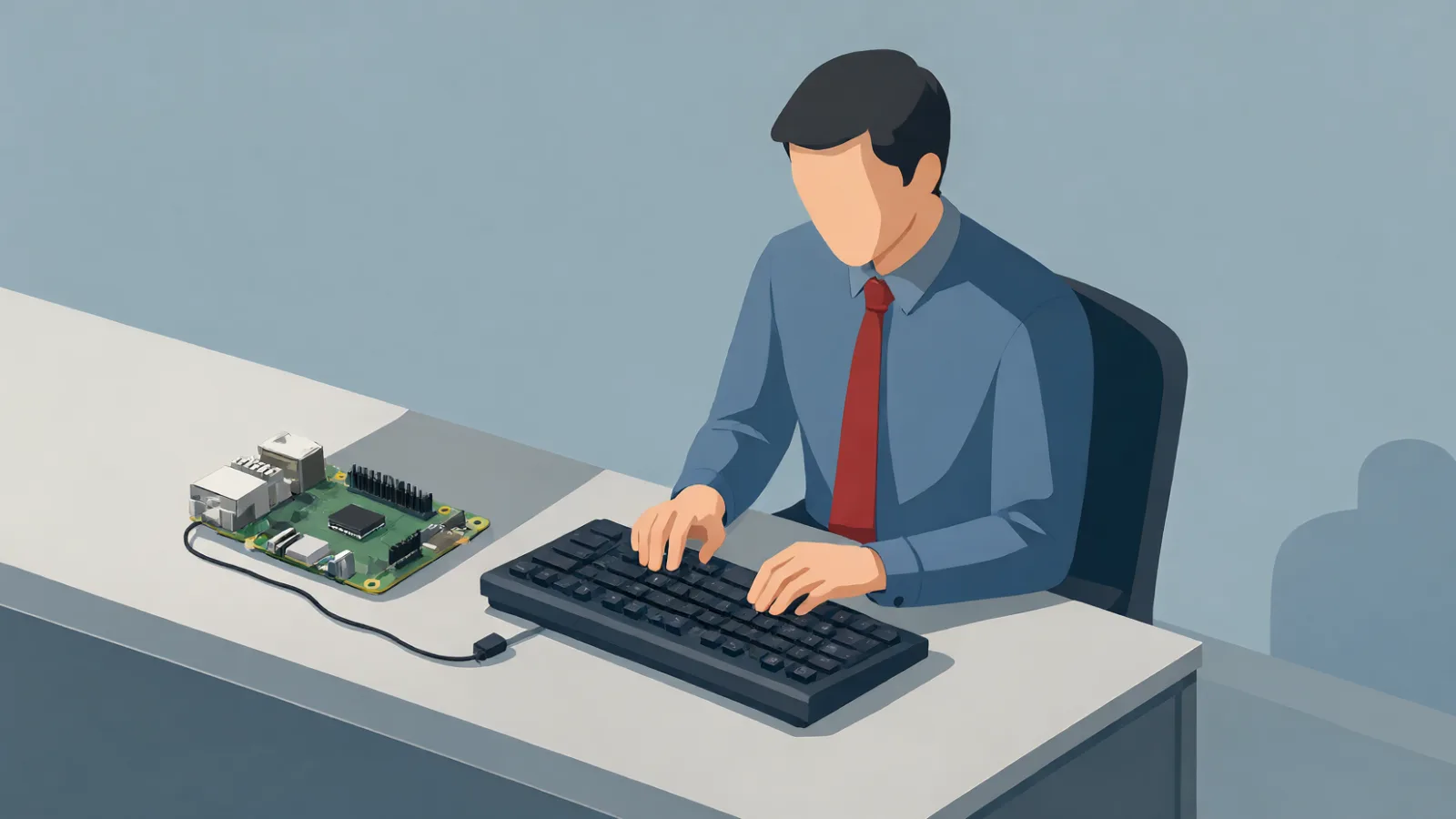 Illustrazione vettoriale di una persona che configura un Raspberry Pi per un homelab con supporto ARM di Proxmox.