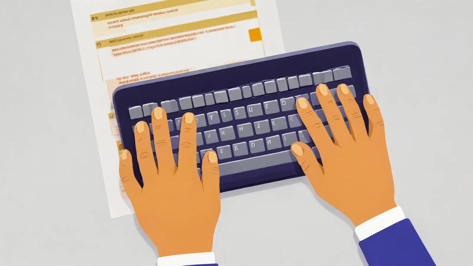 Sviluppatore che scrive codice WSL su tastiera con documentazione tecnica accanto, illustrazione flat design per Windows